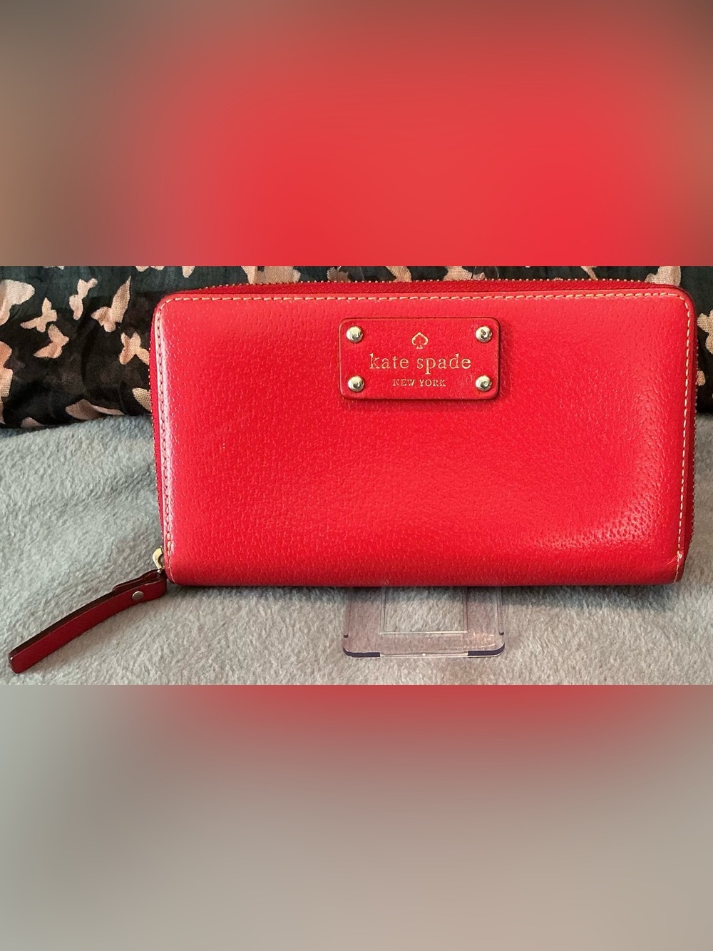 kate spade Red Leather Zip Around Wallet with Logo Plate
